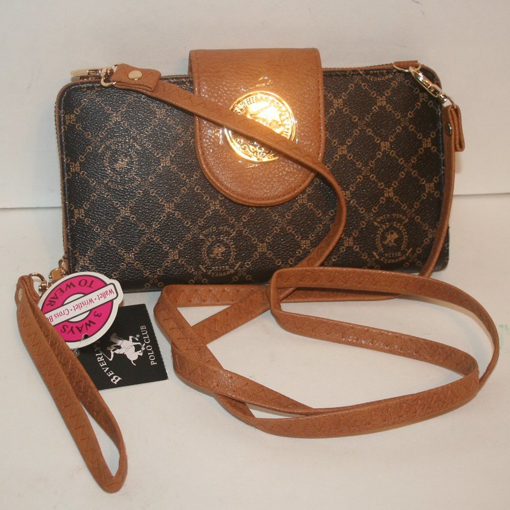 Beverly Hills Polo Crossbody Wallet Zip Around Wristlet Brown Womens NWT
